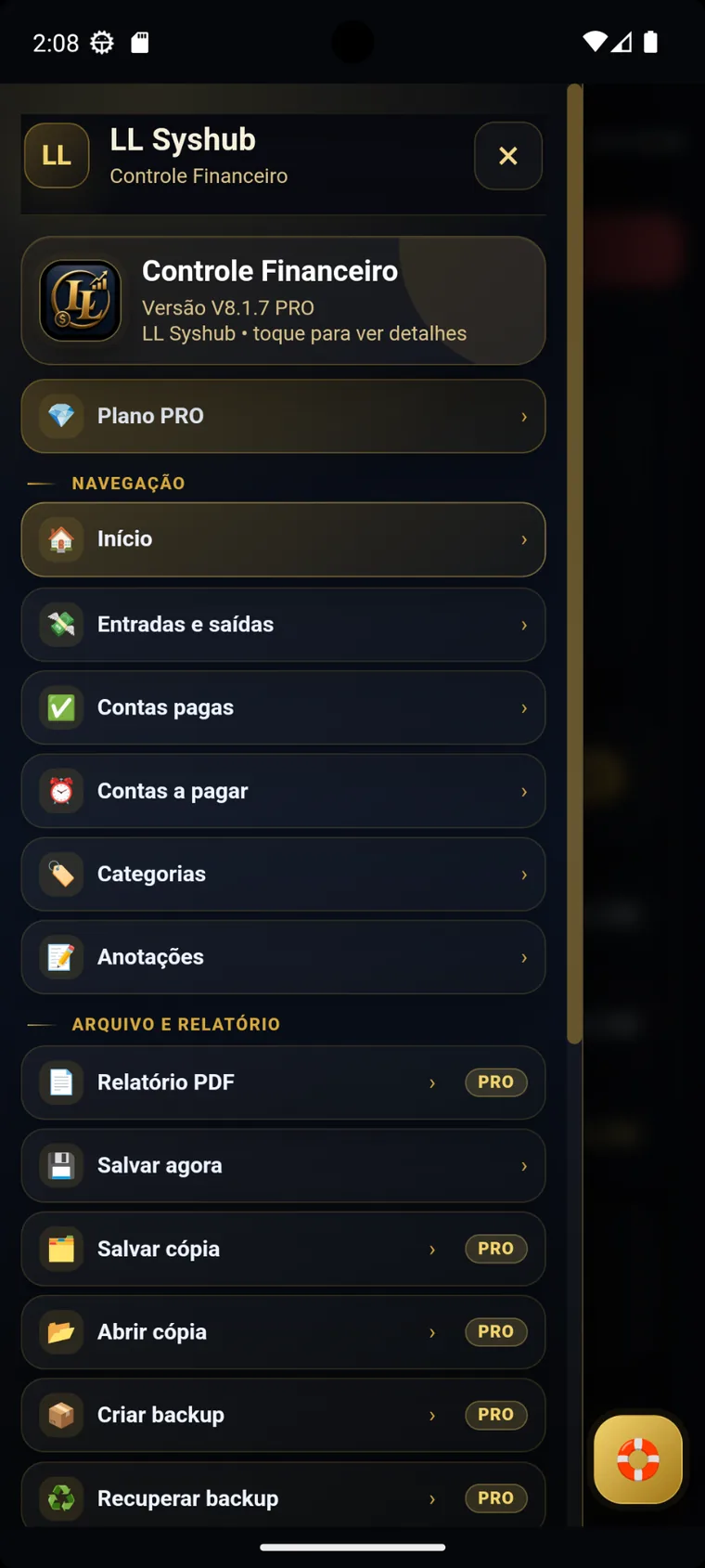 Menu do app Android