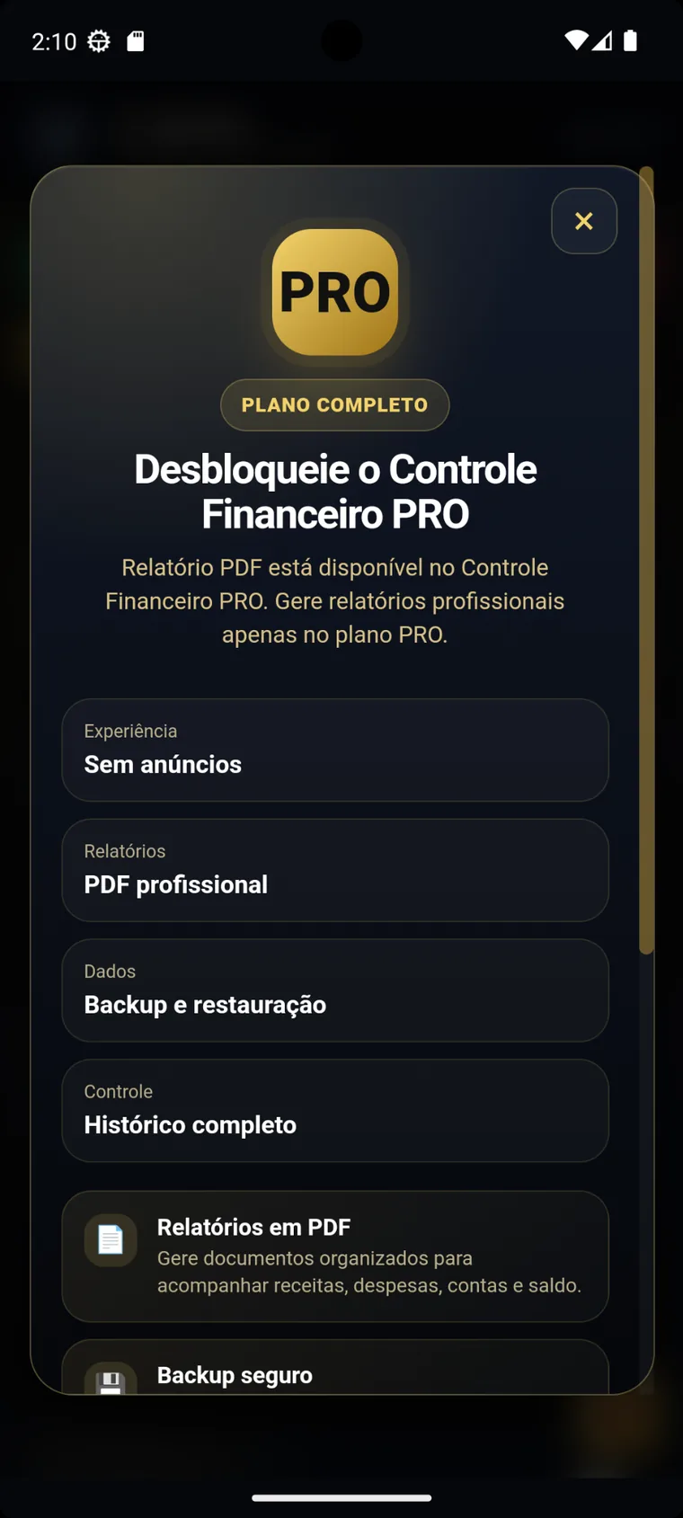 Tela PRO do app Android